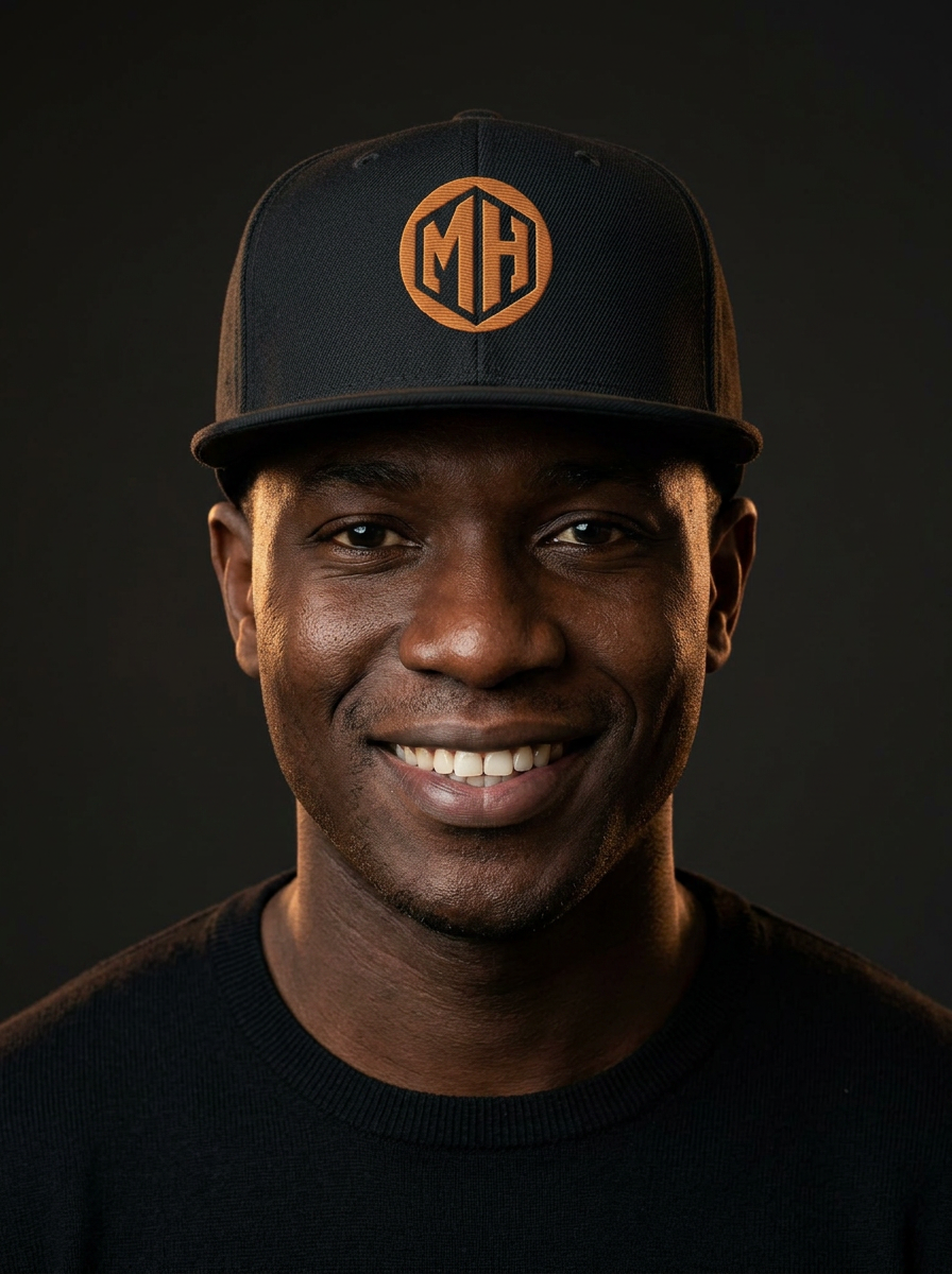 Smiling model wearing the MR. HAPPINESS snapback — part of The Happiness Set