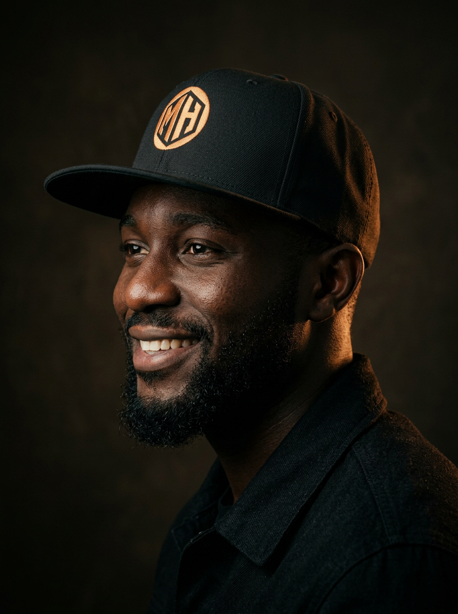 Side-profile portrait of a Black African model wearing the MR. HAPPINESS Monogram Snapback