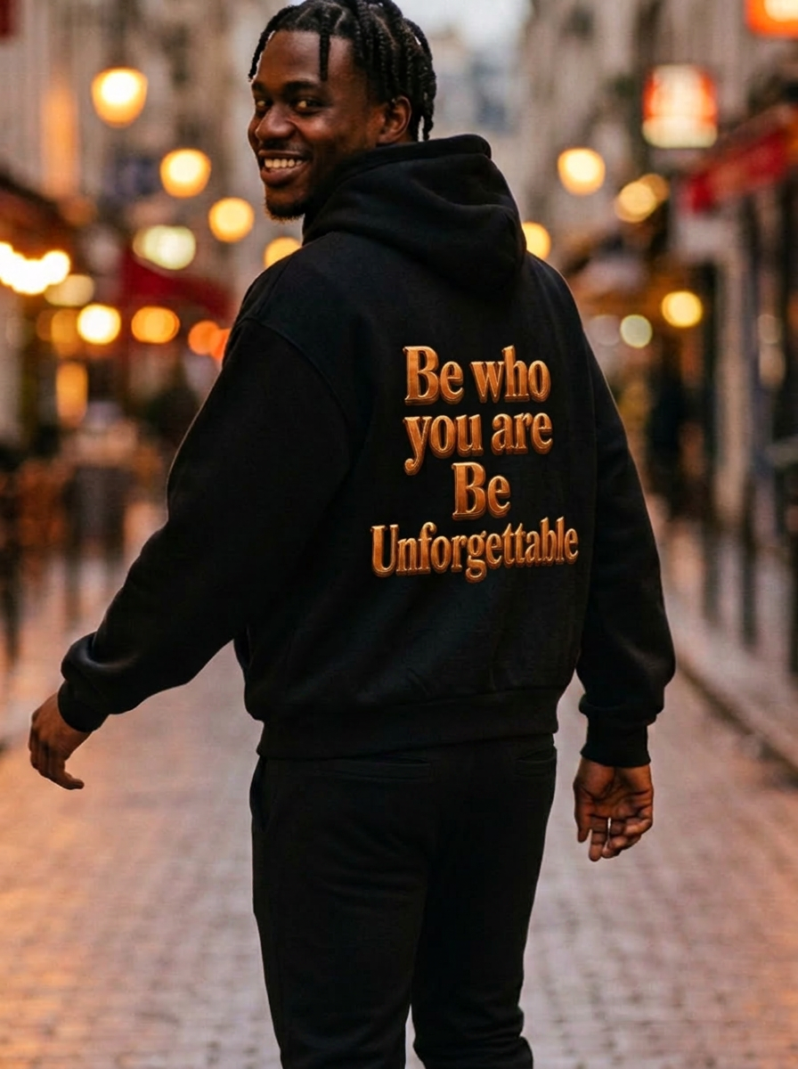 Smiling model wearing the MR. HAPPINESS hoodie showing the bronze "Be who you are · Be Unforgettable" back artwork — part of The Happiness Set
