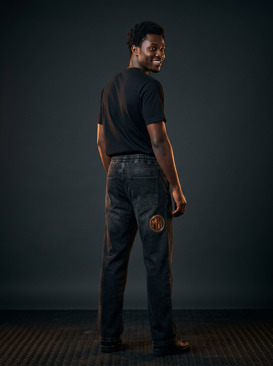 Smiling back view of MR. HAPPINESS "Mind Over Noise" Joggers on a model