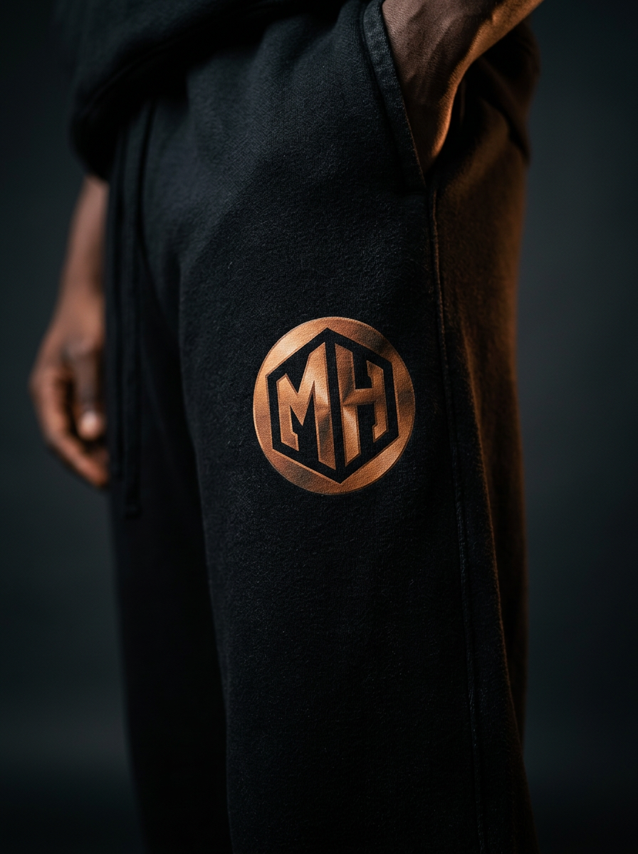 Close-up detail of the MR. HAPPINESS joggers thigh artwork