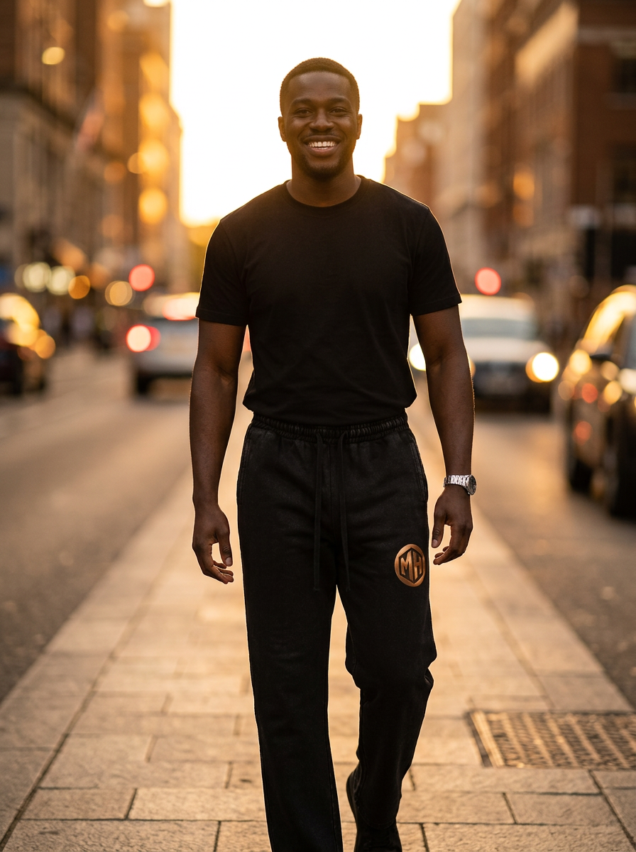 Smiling lifestyle model shot of MR. HAPPINESS "Mind Over Noise" Joggers