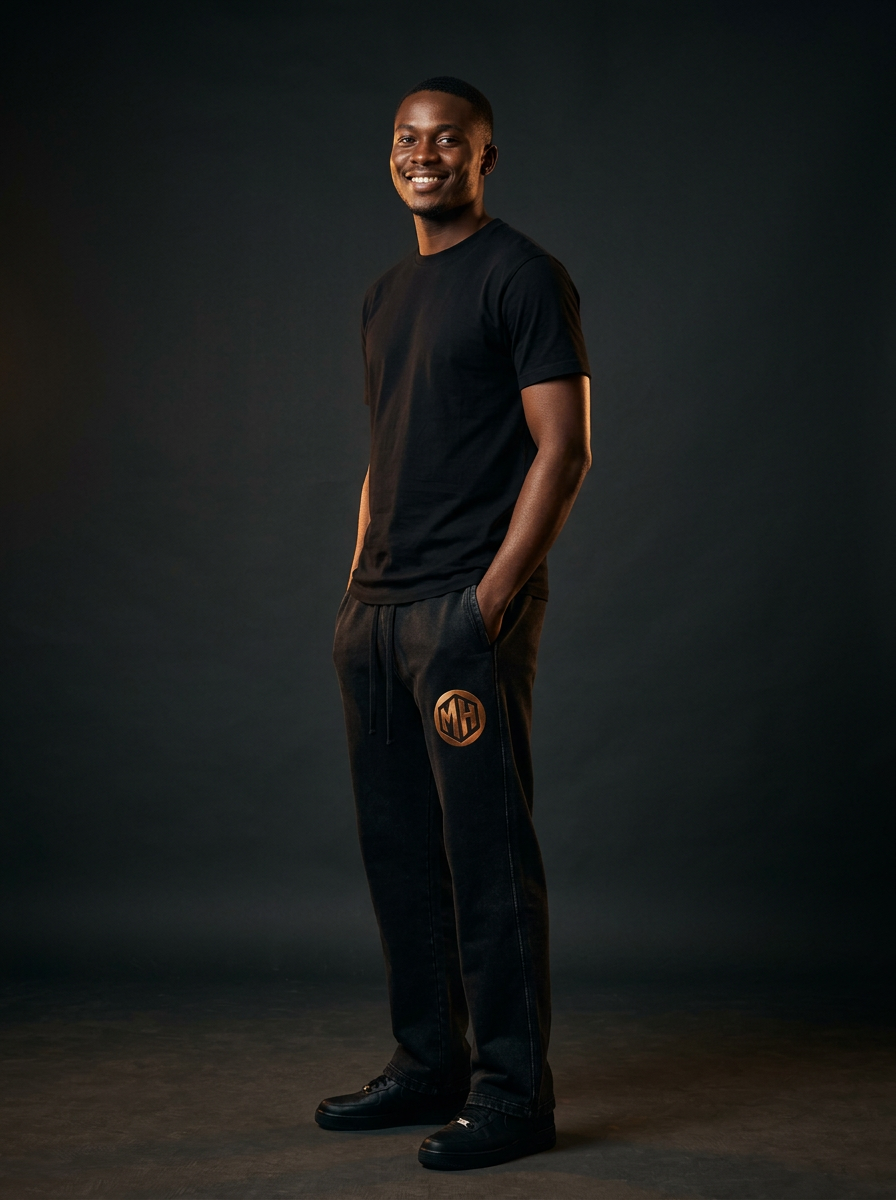 Smiling editorial side view of MR. HAPPINESS "Mind Over Noise" Joggers on a model