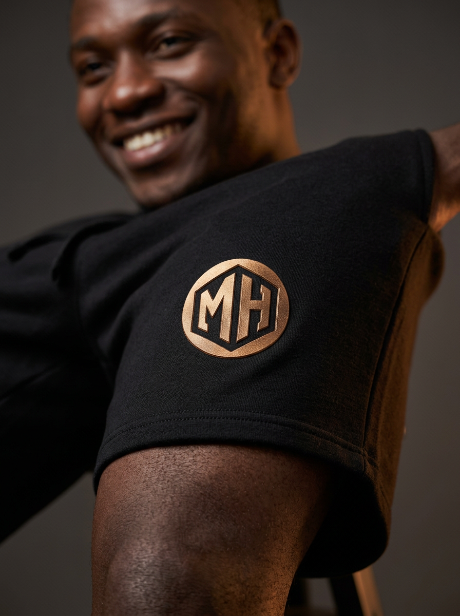 Close-up detail of the MR. HAPPINESS bronze monogram on the "Cheers to Summer" Shorts