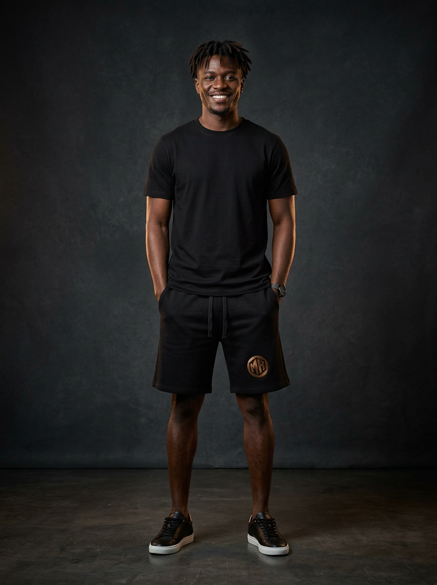Smiling Black African model wearing the MR. HAPPINESS "Cheers to Summer" Shorts front-on