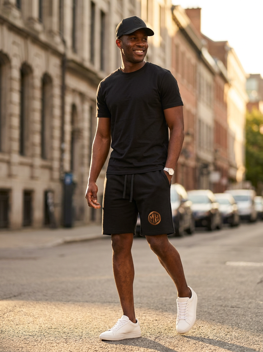 Smiling lifestyle street shot of the MR. HAPPINESS "Cheers to Summer" Shorts