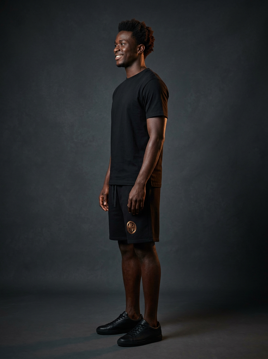 Smiling side-profile model shot of the MR. HAPPINESS "Cheers to Summer" Shorts