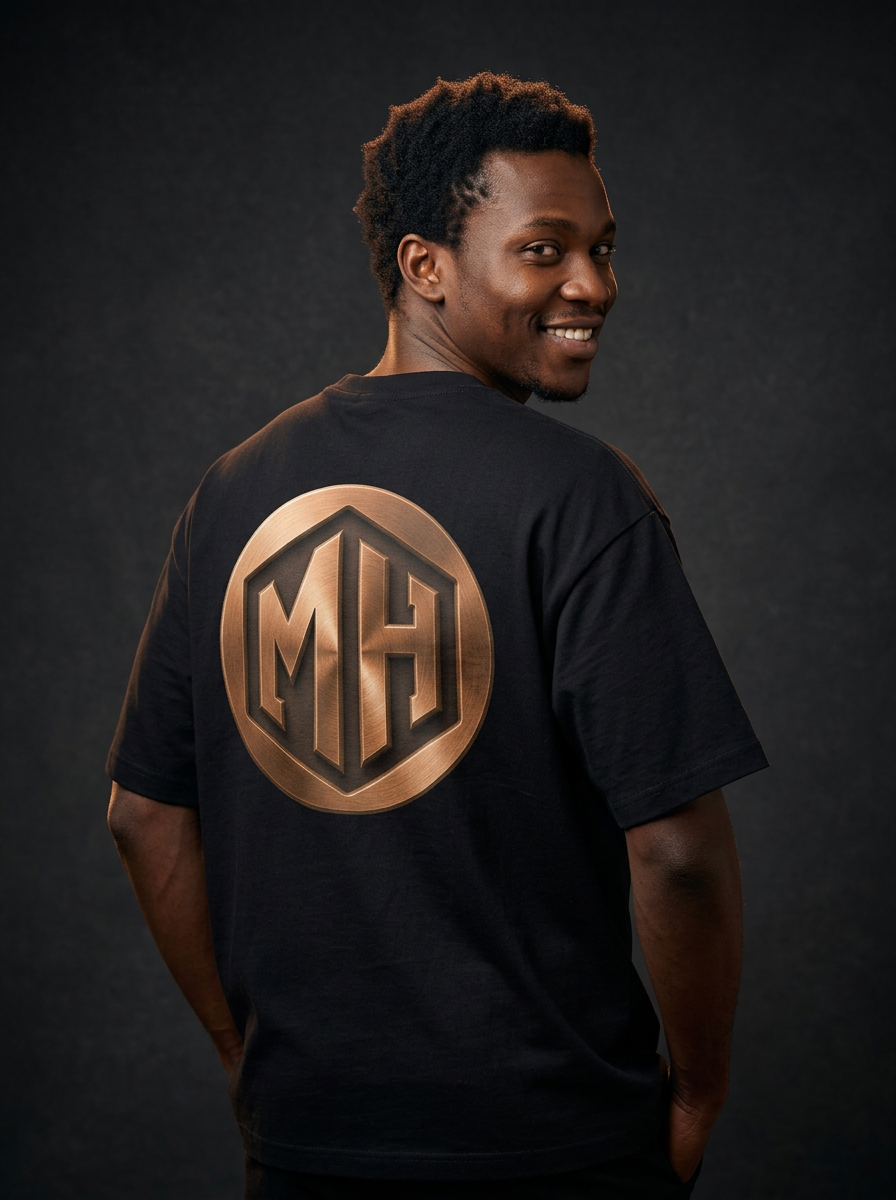 Smiling over-shoulder model shot showing the MR. HAPPINESS Statement Oversized T-Shirt back artwork