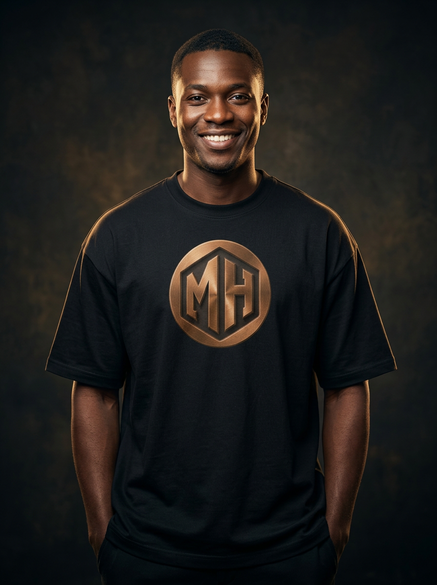 Smiling Black African model wearing the MR. HAPPINESS Statement Oversized T-Shirt front-on
