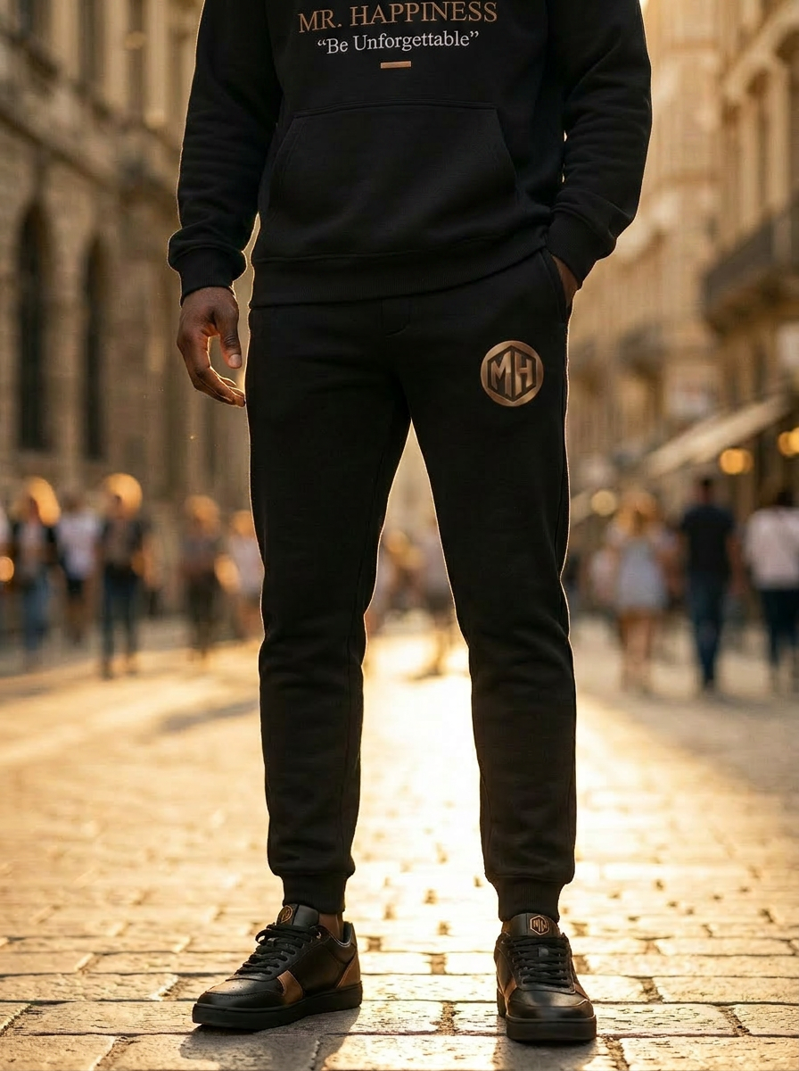 Smiling lifestyle shot emphasising the MR. HAPPINESS black joggers — part of The Happiness Set