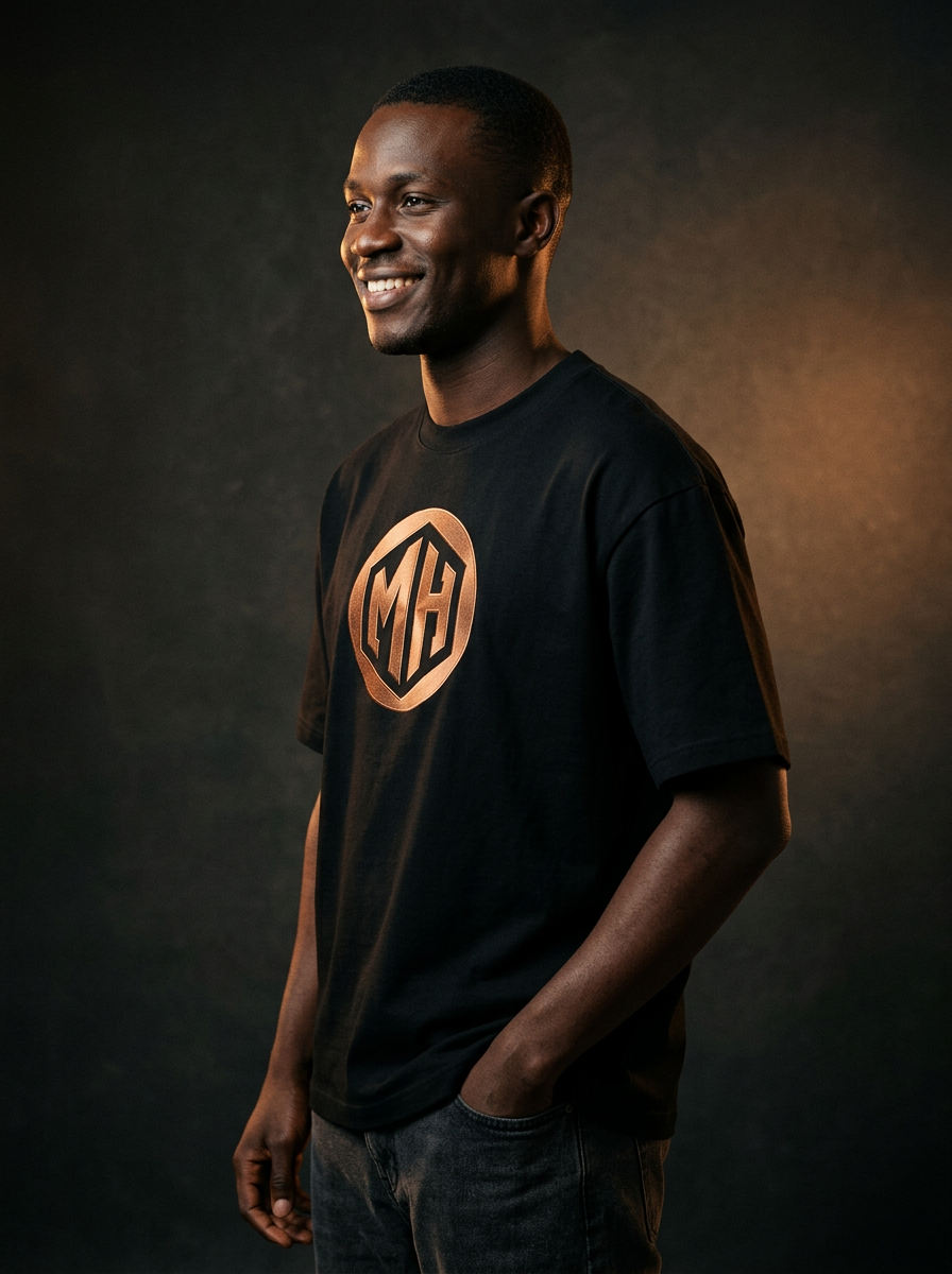 Smiling side-profile model shot of the MR. HAPPINESS Statement Oversized T-Shirt